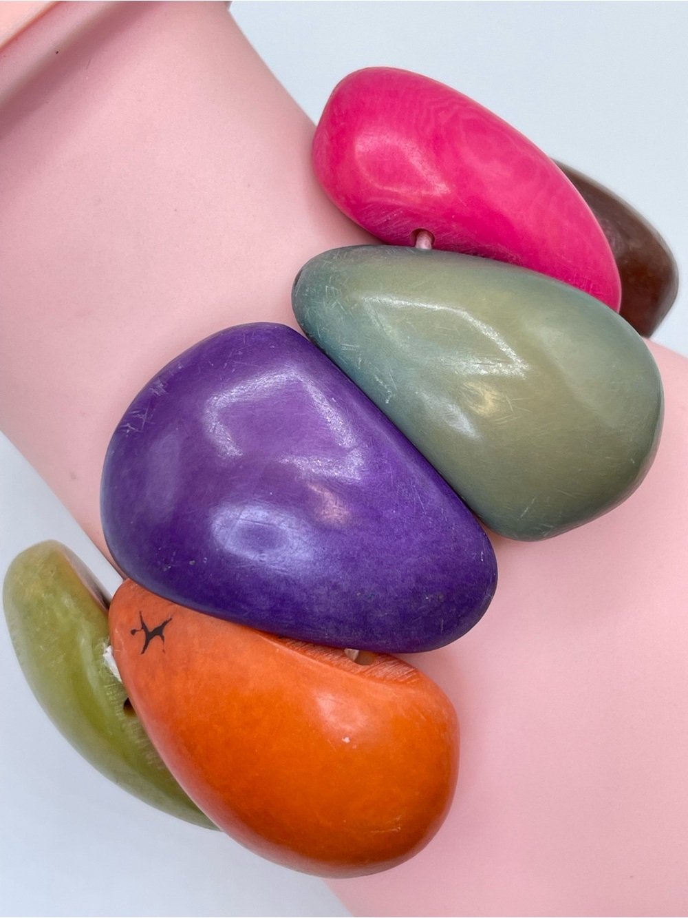 Multicolor Tagua Nut Beaded Stretch Bracelet Chunky Boho Statement Colorful